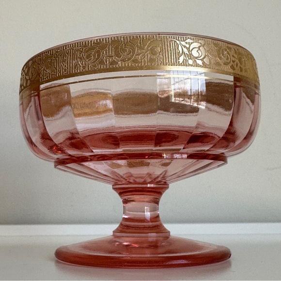 Vintage Pink Glass Footed Compote Candy Dish Gold Trim Tiffin Rambler Rose - Picture 7 of 14